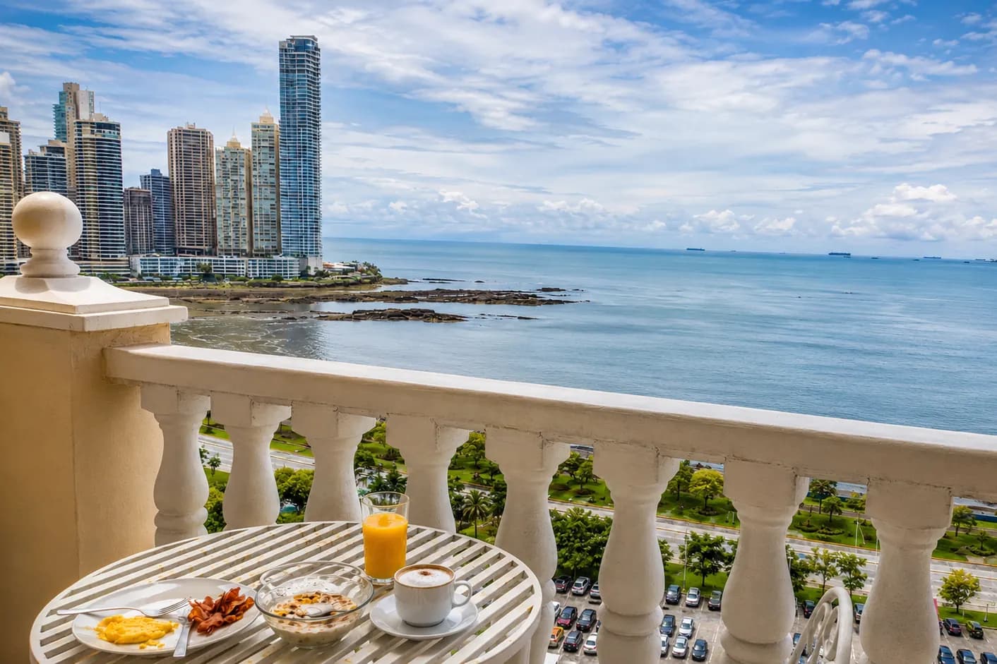 Breakfast on a balcony overlooking Panama City and the Pacific